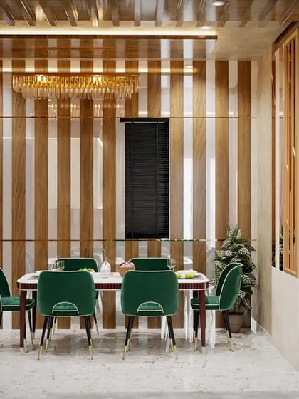 This 3D concept for a dining room uses vertical wood paneling and a statement chandelier to create a sense of height and drama. The emerald green chairs provide a pop of rich color against the neutral backdrop.
