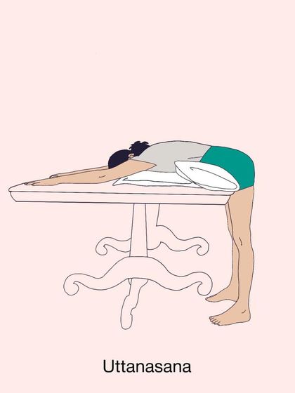 An illustration of Uttanasana with the trunk supported on a table. This is the first pose in a 30-minute sequence to release a general lower backache.