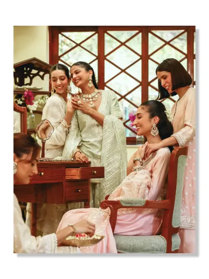 For daytime celebrations and intimate gatherings, I love working with soft pastels. This image captures a moment of shared joy, with each woman styled in a unique prêt ensemble that feels light, elegant, and perfectly suited for the occasion.