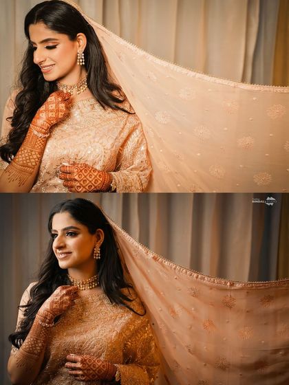 A collage of a bride showcasing her beautiful pastel outfit and intricate henna. The soft lighting and gentle poses create an aura of grace and elegance.