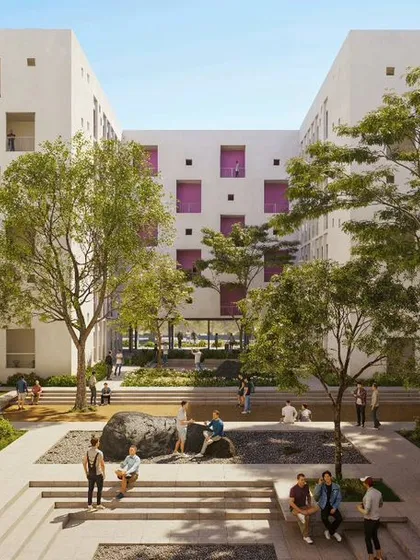 A render of the student hostels at Warangal University, designed as a vibrant community space. We envisioned the central courtyard as the heart of the hostel, a place for interaction, study, and relaxation, blending landscaping with social seating to create a dynamic environment for 4,300 students.