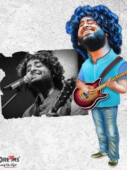A caricature of the soulful singer Arijit Singh with his guitar.