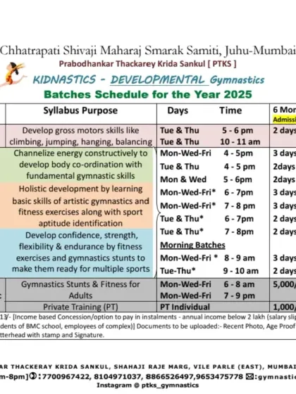 Find the perfect class with our detailed batch schedule for the upcoming year. We offer a range of programs from 'Tots Gym' for toddlers to 'Stunt Gym' for adults, with clear timings and fee structures to help you get started.