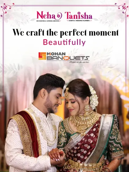 We believe in crafting the perfect moment, beautifully. This stunning couple portrait from a wedding at Mohan Banquets showcases how our decor creates a rich and timeless setting for cherished memories.