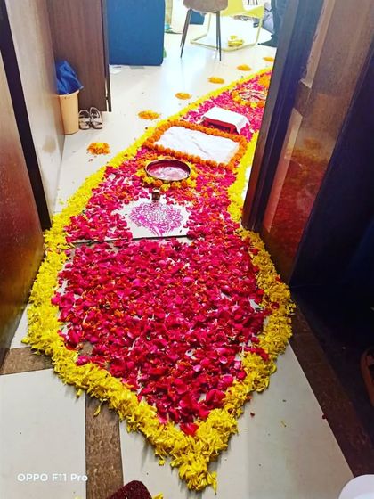 Another view of the beautiful and intricate flower petal carpet created to welcome the baby home.