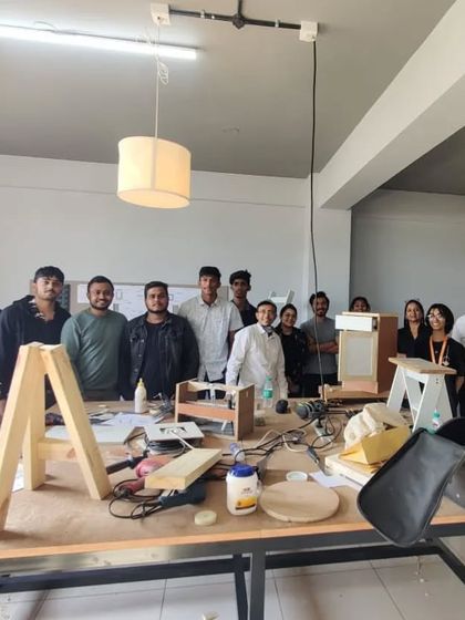 A group photo from a hands-on session at the Bangalore School of Design. We built cabinets, stools, and chairs.