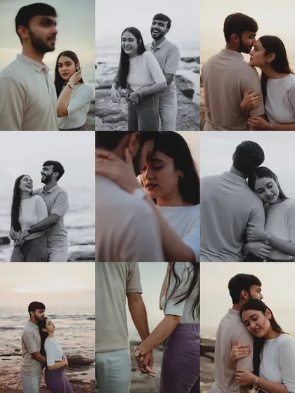 A gallery of intimate portraits from a Mumbai seaside shoot. This collage focuses on close-ups and tender moments, highlighting the emotional depth of the couple's relationship.