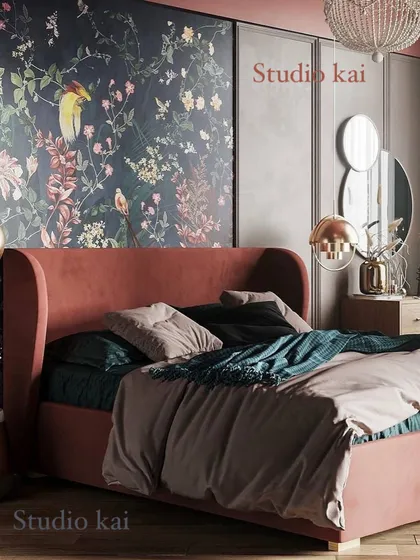 A bold and romantic bedroom concept we created for a client. This 3D render showcases a dramatic floral wallpaper, a rich velvet bed, and metallic accents for a touch of glamour.