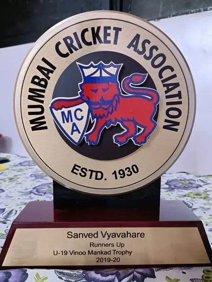 This trophy represents a significant achievement for Sanved Vyavahare, who was part of the Runners Up team in the U-19 Vinoo Mankad Trophy, a top-tier tournament organized by the Mumbai Cricket Association.