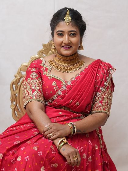 This series showcases a model in a festive look for Ganesha Chaturthi, wearing our complete temple jewellery set. It includes various angles highlighting the necklace, earrings, and maang tikka.