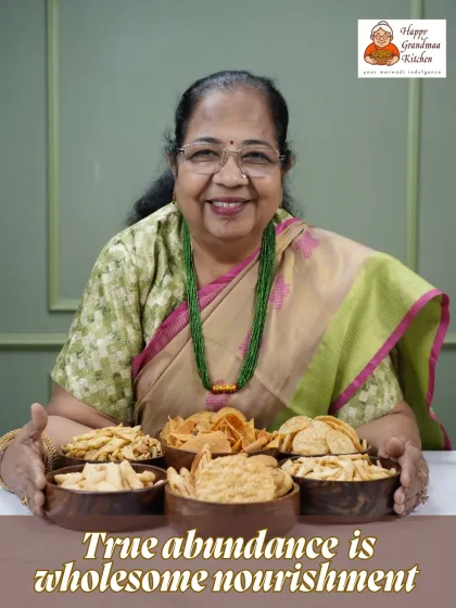 This is our Dadisaa, Usha, with the snacks she loves to make. For us, true abundance isn't just about having a lot, it's about having food that is wholesome, nourishing, and made with love. This is the goodness we pack in every order.