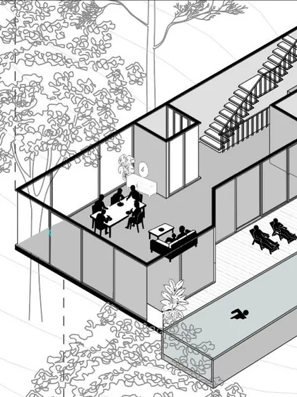 A detailed axonometric view showing the interior program of the cantilevered villa. This type of drawing provides a clear technical and spatial visualization of how different spaces like the living area and pool deck relate to one another.