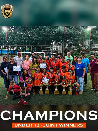 Our Under 13 team celebrating their joint winner title. Teamwork and shared success are core values at SG5.