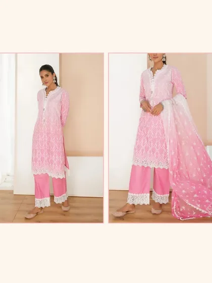 Khushi Kapoor looks stunning in the Venna Kurta Set. The beautiful pink ombre and white lace details give it a festive yet comfortable vibe.