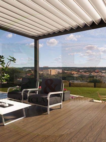 A 3D render from within a pergola, looking out onto a pool and lawn. This perspective helps clients imagine themselves in the space, enjoying the view and the luxurious amenities.