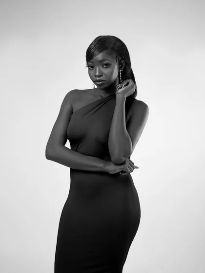 A classic three-quarter pose. This black and white shot is timeless and sophisticated.