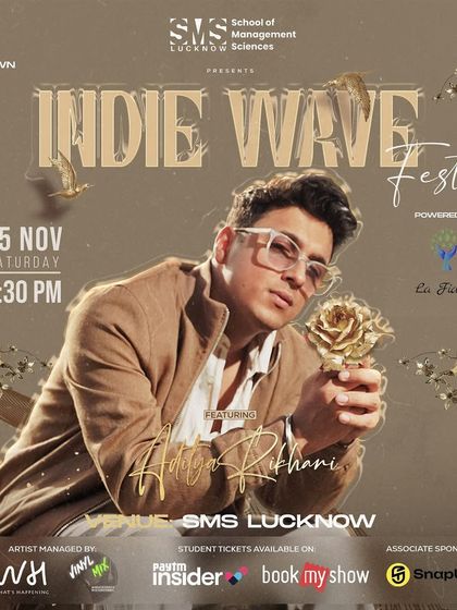 The main poster for Indie Wave Fest at SMS Lucknow. I ensure all event details, including venue, date, and artist, are clearly presented for easy student access.