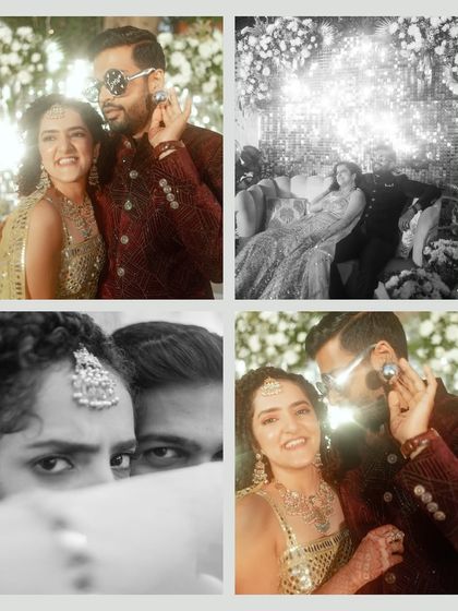 A collage of fun and quirky portraits from a cocktail party. These shots show the couple's playful personality and the fun they have together.