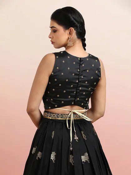 The back of the blouse features a simple tie-up, allowing the intricate motifs on the skirt to take center stage.