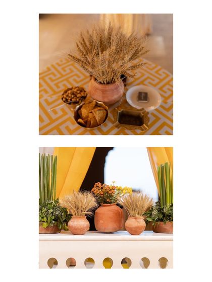 A collage showing how we used dried wheat stalks (bajra) and other natural elements in terracotta pots to create rustic, earthy centerpieces for the Haldi event.