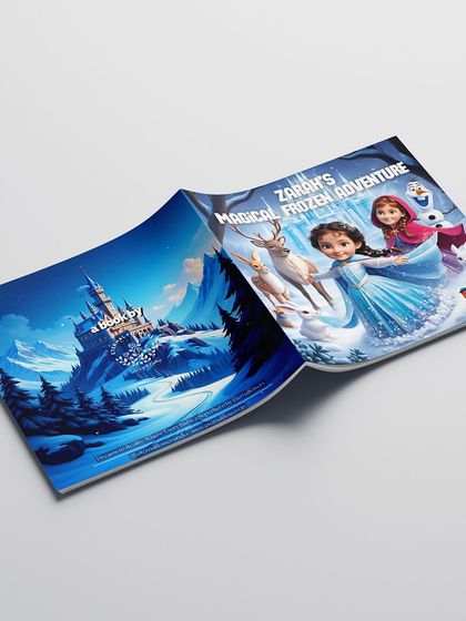The full front and back cover design for the personalized 'Frozen' adventure. The artwork wraps around the book, creating a complete and magical visual experience.
