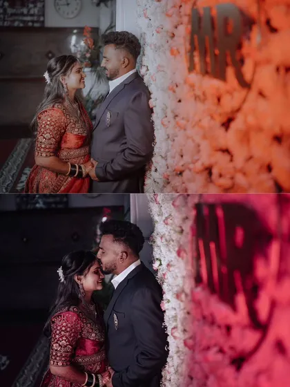 A romantic collage of the couple sharing intimate moments by a flower wall at their reception. The warm, reddish lighting adds to the romantic mood.