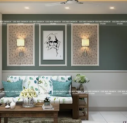 A 3D render of a living space with floral upholstery and a Tagore portrait, creating a cultured ambiance.
