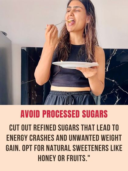 A series of tips for staying in a calorie deficit: prioritize whole foods, incorporate protein with every meal, plan and prep your meals, stay hydrated, and avoid processed sugars.