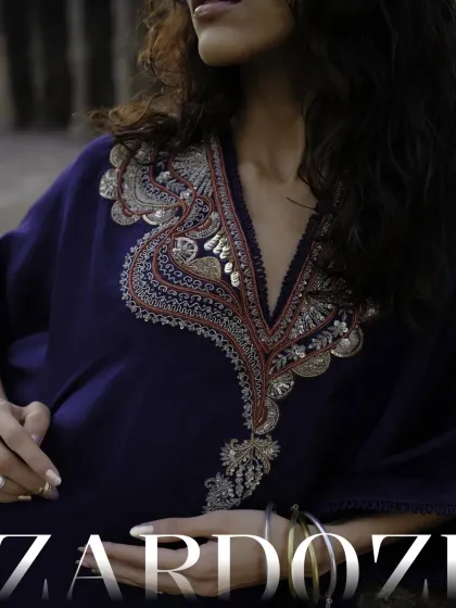 Old-world technique in modern form. This image highlights the beauty of Zardozi embroidery, a craft that we celebrate in many of our curated collections.