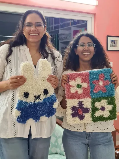 Sister sessions are always a blast! I love the retro floral and Miffy-inspired rugs these two created. It's a great way to bond and show off your creative flair.