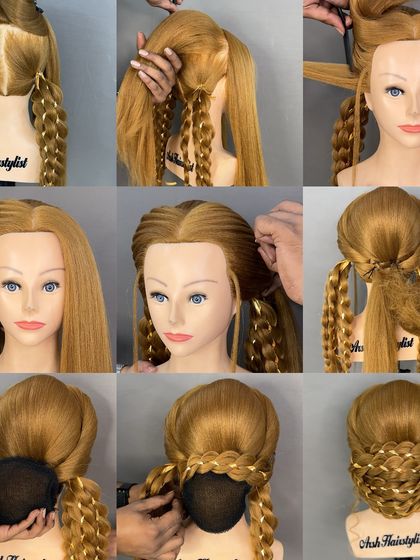 A photo collage showing how to create a bun using braids and thread for a unique texture and design.