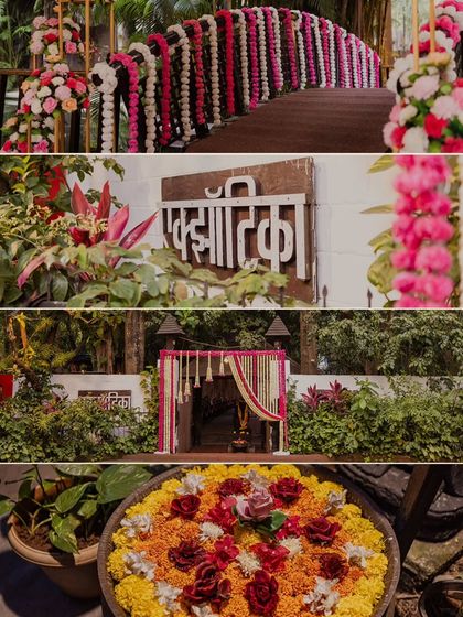 A collection of images showing the beautiful details of the Exotica resort in Thane. From the floral decorations on the bridge to the traditional welcome platter, every detail adds to the wedding's charm.