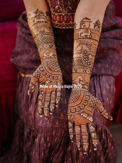 Royalty etched in henna. This design features palace scenes, dulha-dulhan figures, and other traditional motifs, creating a complete story of love and celebration on the bride's hands.