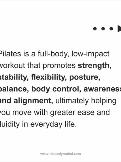 This graphic defines Pilates as a low-impact workout that improves strength, posture, balance, and alignment. The ultimate goal is to help you move with more ease in your daily activities.