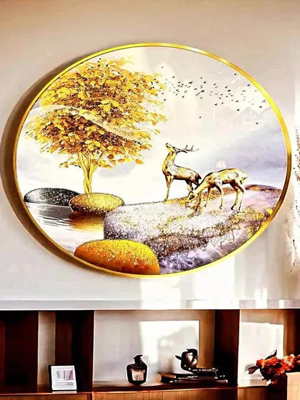 This circular crystal painting captures a serene natural scene with two deer by a golden tree. The 32-inch diameter and rich, vibrant colors make it a beautiful and harmonious centerpiece for a dining room or living area.