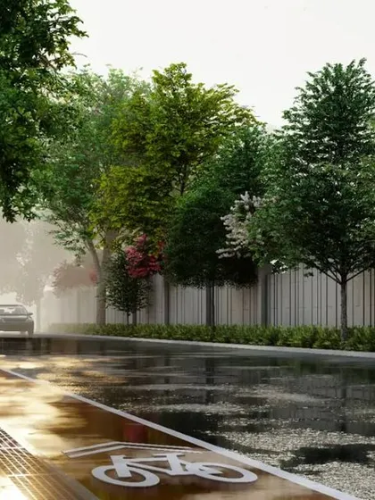 This rendering illustrates our approach to sustainable streetscape design within a residential community. We have incorporated a dedicated, color-coded bicycle lane alongside a tree-lined pedestrian walkway, creating a safe and green corridor that encourages non-motorized transport.