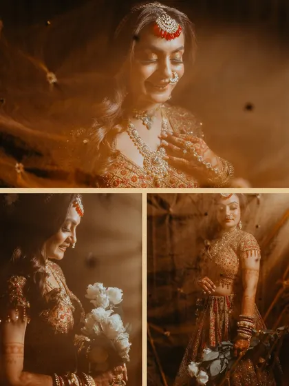 A collage of dreamy, warm-toned bridal portraits, capturing the bride's joy and elegance on her wedding day.