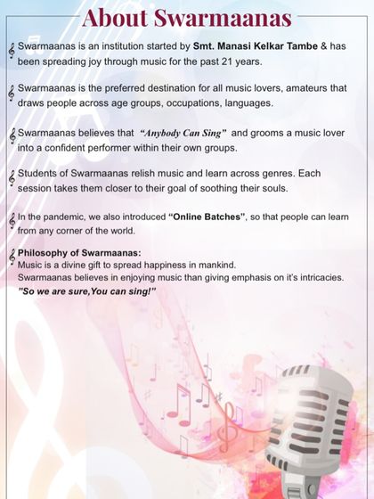 Here is a brief introduction to Swarmaanas. Our philosophy is simple: music is a divine gift for spreading happiness, and we focus on enjoying it rather than getting lost in technical details.