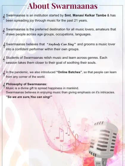 Here is a brief introduction to Swarmaanas. Our philosophy is simple: music is a divine gift for spreading happiness, and we focus on enjoying it rather than getting lost in technical details.