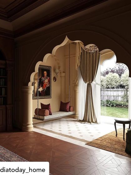 A photo from our India Today Home feature, showcasing a unique reading nook with a traditional Indian swing, set within a room of rich, dark wood—a beautiful fusion of colonial and local aesthetics.