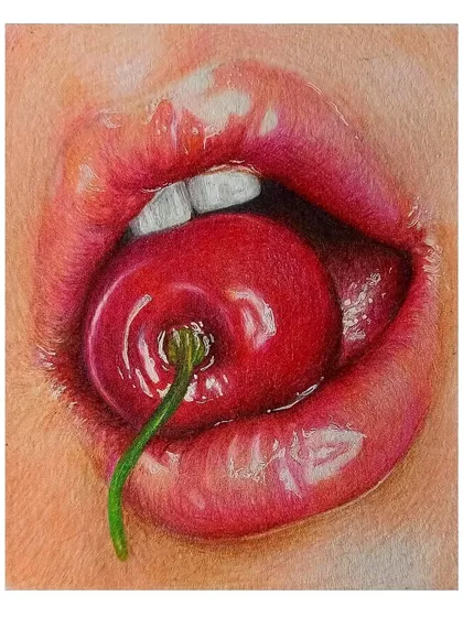 A duplicate of the hyper-realistic cherry and lips sketch. This piece is a great example of how light and shadow can create a sense of realism and texture.