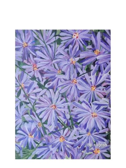 A full view of the "Purple Haze" acrylic painting on a stretched canvas, showcasing the starburst arrangement of the purple Aster petals.