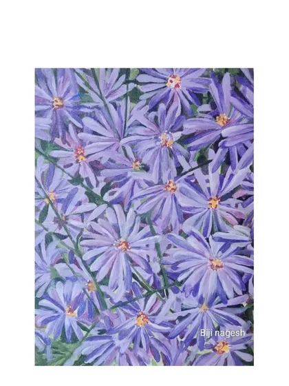 A full view of the "Purple Haze" acrylic painting on a stretched canvas, showcasing the starburst arrangement of the purple Aster petals.
