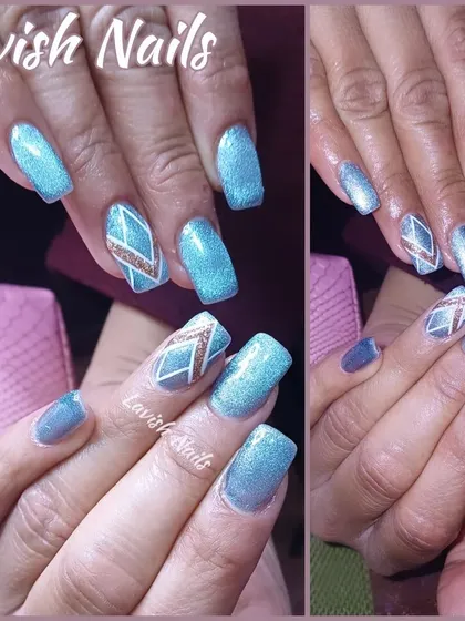 A striking geometric design in blue and rose gold glitter on shimmery blue square nails.