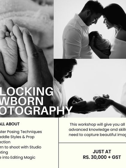 A graphic detailing the curriculum for the "Unlocking Newborn Photography" workshop.