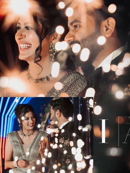 A creative double exposure, blending an intimate couple portrait with the sparkling lights of their Sangeet, symbolizing their bright future.