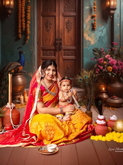 A beautiful portrait of Maiyya and Kanha in our elaborate, traditionally decorated studio set, complete with peacock, matkas, and marigolds.