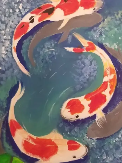 An acrylic painting of three koi fish on paper. This piece has a more impressionistic feel, focusing on the movement and colors of the fish in the water.