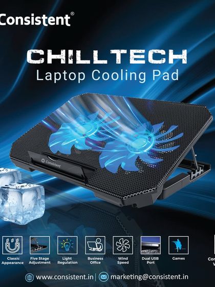 This is the "Chilltech" laptop cooling pad, designed to keep your laptop performing at its best. The dual fans provide excellent wind speed, while the five-stage adjustment ensures you can find the most comfortable angle for work or play.