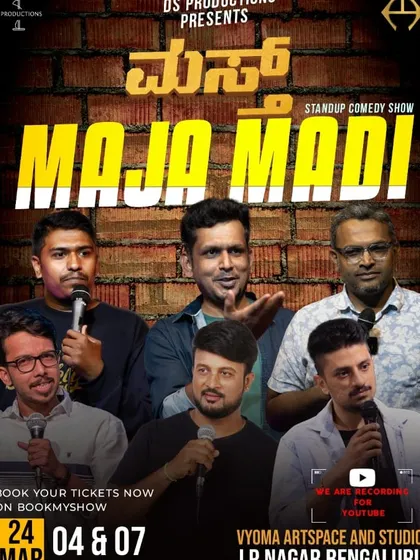 The poster for "MAST MAJA MADI," a Kannada stand up comedy show being recorded for YouTube, featuring a solid lineup of experienced comics.